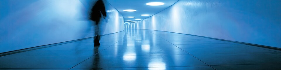 Fototapeta premium Dimly lit, blue, modern hallway with a blurred figure walking away