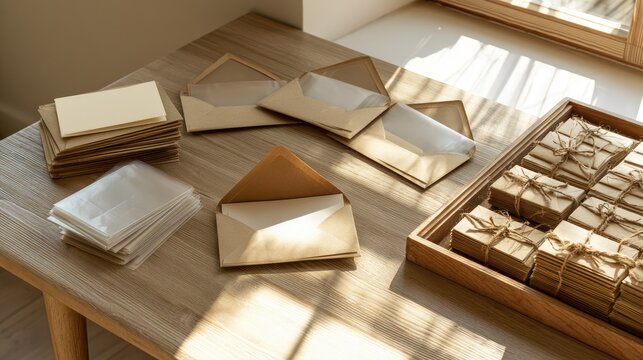 Golden envelopes and bundled gifts bathed in sunlight on a wooden surface