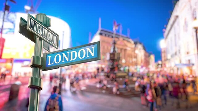 London Piccadilly Circus Timelpase. Selective focus of travel sign LONDON and United Kingdom with real timelapse from raw photos. Bustling city landmark with dazzling digital billboards and people. 
