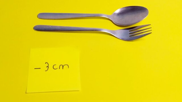 Measurement note with cutlery on yellow surface representing weight loss progress and diet success