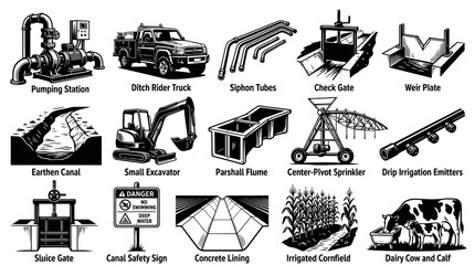 Obraz premium Agriculture Irrigation Farming Equipment and Water Management Systems Black and White Line Art Vector Set