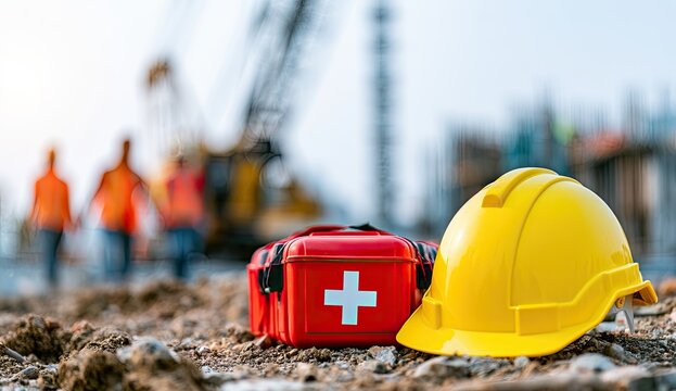 Yellow hard hat & first aid kit at construction site