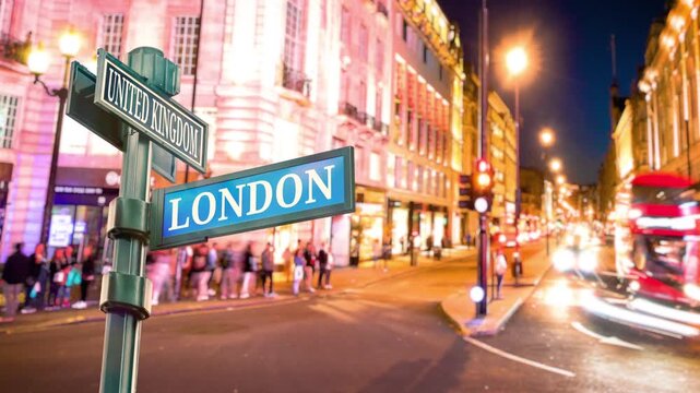 Timelapse of crossroad of Piccadilly and Regent Street St James.  Selective focus of travel sign LONDON and United Kingdom with real timelapse from raw photos. Busy people and traffic.