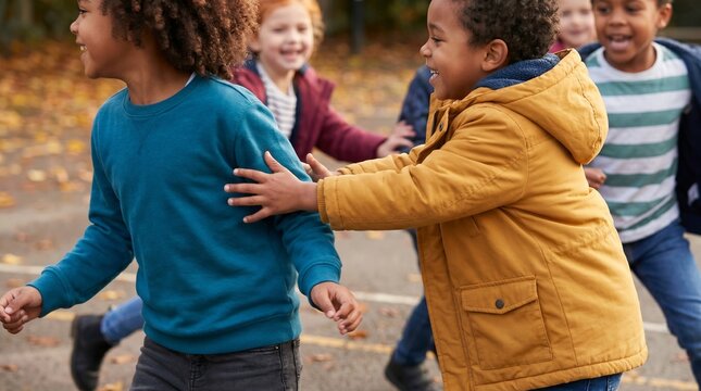 Diverse group of elementary school children playing tag on a playground, happy multiethnic kids running outdoors, friendship and active childhood concept