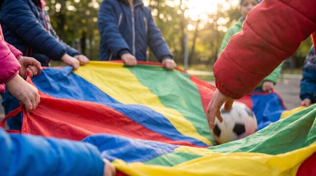 Group of diverse elementary school children playing with a colorful parachute and soccer ball outdoors in a park, representing teamwork, active play, and childhood development