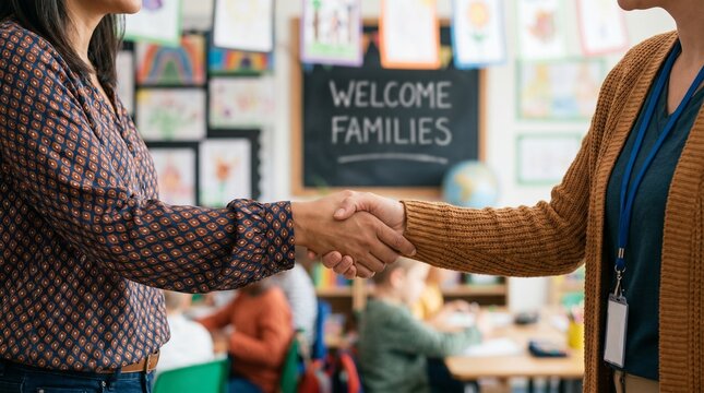 Parent and Teacher Handshake in Classroom for School Meeting Partnership Concept Professional Collaboration Between Mother and Educator in Preschool Setting