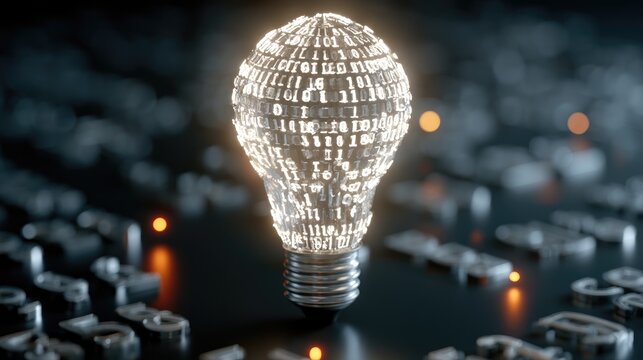 Glowing binary code bulb illuminates digital world of data