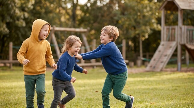 Three happy young children playing tag in a sunny park, diverse group of boys and girl running outdoors, childhood friendship and active lifestyle concept, candid lifestyle photography