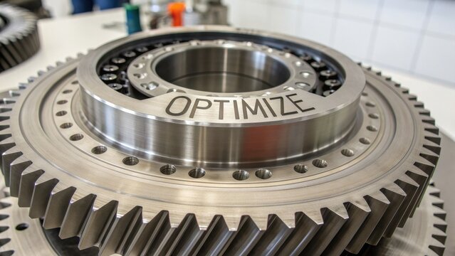 High-Precision Gear Component Featuring the Word Optimize Engraved on Its Surface in an Industrial Manufacturing Environment