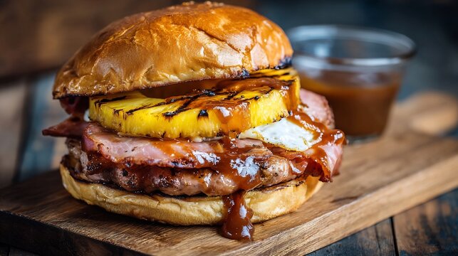 Gourmet tropical fusion burger with grilled pineapple and savory glaze on wooden board