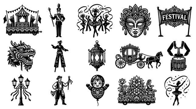 Black and White Festival Icons: Parade Float, Mask, Carriage, Drummer, Dancer