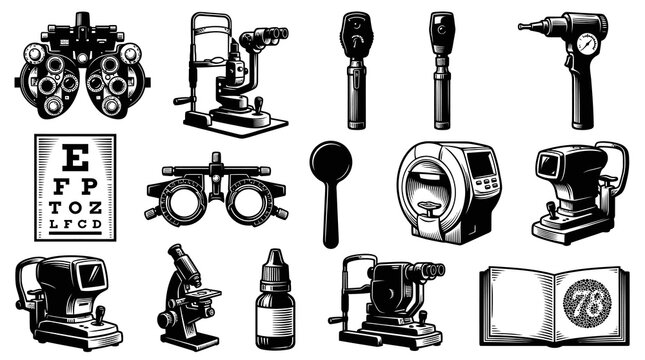 Medical Optometry and Ophthalmology Eye Care Devices - Vintage Black  White Engraved Style