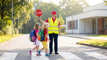 Naklejka na ściany i meble School crossing guard helping young children cross the street safely on a crosswalk near school building, concept of road safety and education for primary school students