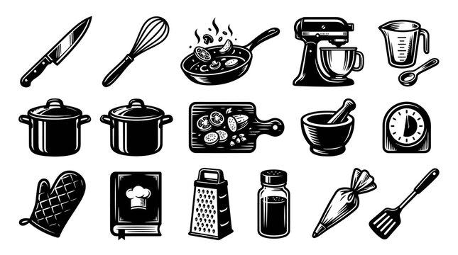 Black and White Kitchen Utensils and Appliances Line Art Icons Set