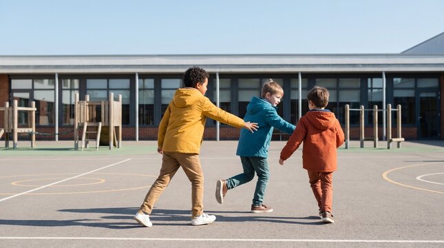 Three young boys playing tag on a school playground, active children running outdoors, friendship and childhood fun concept, diverse group of elementary school students