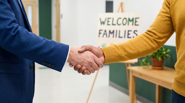 Professional Handshake Between School Administrator and Parent Welcoming Families to Educational Event or Open House Meeting in Modern School Hallway