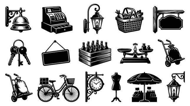 Black and White Vector Icons of Vintage Market and Shop Items, Line Art