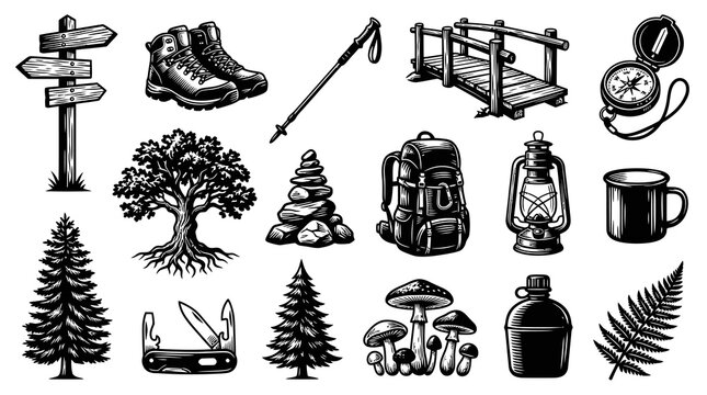 Vintage Hiking Gear Set: Boots, Backpack, Lantern, Compass, Bridge, Nature Icons - BW Line Art