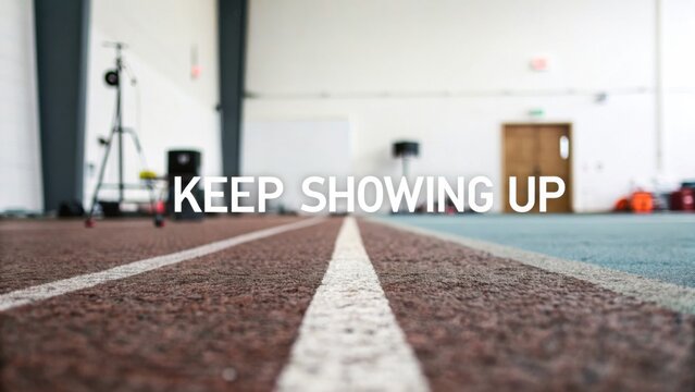 Inspirational indoor track scene featuring motivational phrase encouraging consistent effort and resilience in personal growth journey