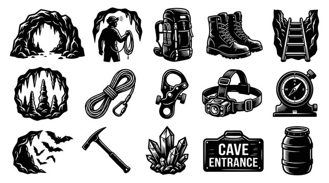 Black and White Caving, Spelunking  Mining Equipment Icons - Engraving Style Vector