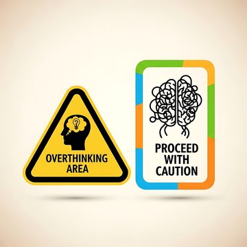 Overthinking warning sign with caution message.