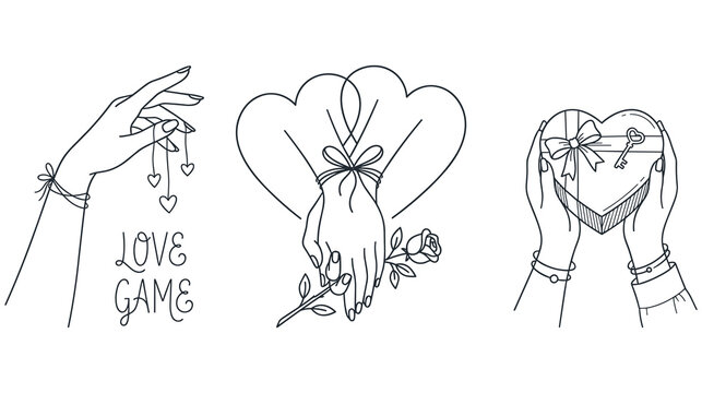 Love game linear design set with hands hearts rose and gift box graphic.