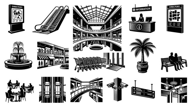 Black and White Vector Icons of Shopping Mall Elements