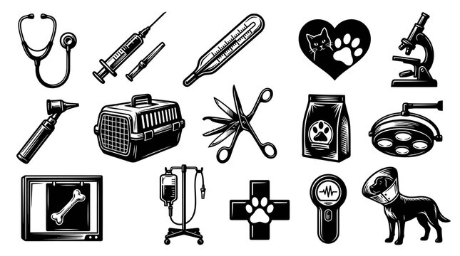 Veterinary Clinic Icons - Black and White Line Art Set