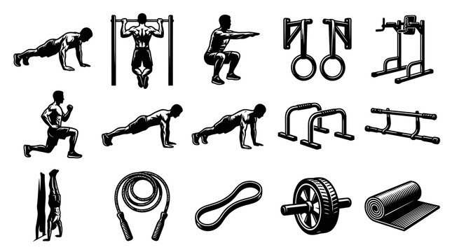 Black  White Vector Icons of Calisthenics Exercises and Bodyweight Training Equipment for Fitness Workouts