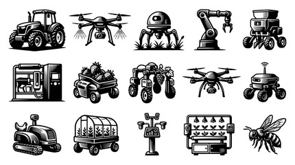 Obraz premium Modern Agriculture Technology Icons: Tractor, Drone, Robot, Greenhouse, Bee