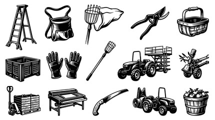 Obraz premium Black and White Line Art Icons of Agricultural Farming Tools and Equipment