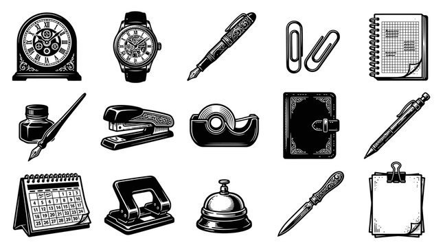 Vintage Office Supplies Icons - Clock, Pen, Stapler, Bell, Calendar, Notebok