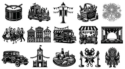 Obraz premium Vintage Carnival Fair Icons Black and White Line Art Set