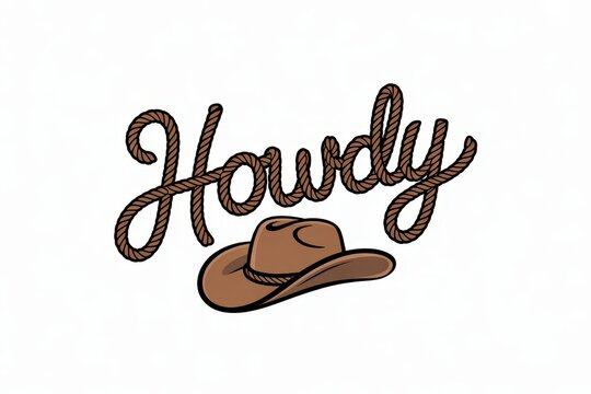 Howdy text in rope font with a brown cowboy hat, isolated on white background.