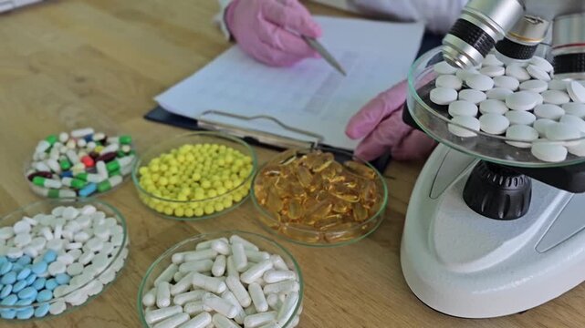 Research on pills is conducted using a microscope in a laboratory setting in the afternoon