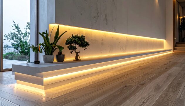 Modern Interior Design with Warm LED Lighting Accentuating a Sleek Bench.