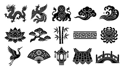 Obraz premium East Asian Traditional Culture Vector Icons Set. Black White Glyphs Symbols for Oriental Design Elements.