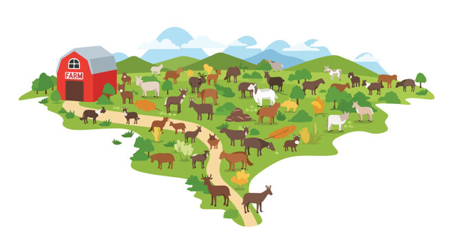 Flat farm landscape with red barn and livestock, rural countryside scene with goats and sheep, agricultural vector illustration