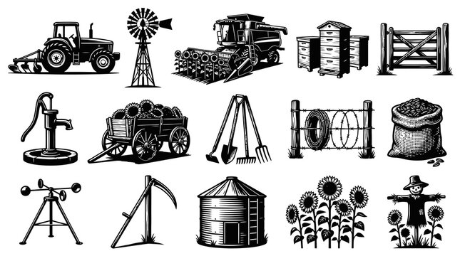 Black and White Vector Icons of Farm Equipment and Agriculture