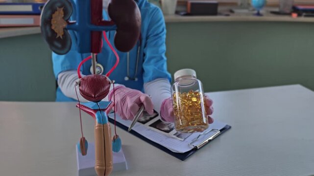 Medical model explanation of kidney function and its relation to urinary health at a clinic during daytime