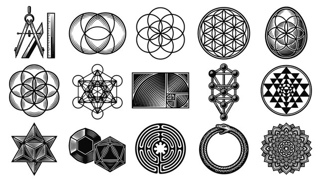 Sacred Geometry Symbols Collection: Metatron Cube, Flower of Life, Kabbalah Tree, Mandala