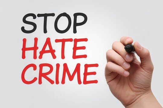 Hand holding a black marker writing Stop Hate Crime isolated on white background