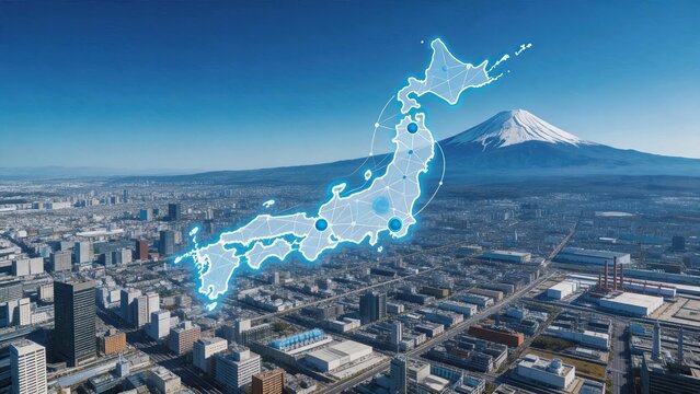 Japan map overlay on cityscape, Mount Fuji in background, digital network nodes, urban development, travel destination, Asian country geography, technology integration, aerial