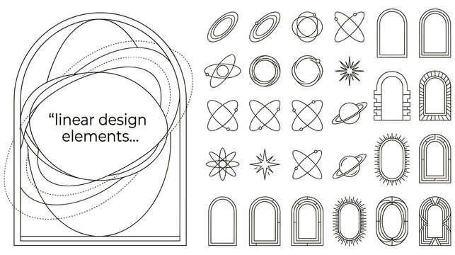 Minimalist linear design elements set with arches and planetary orbit icons.