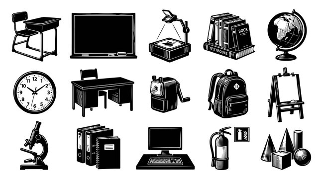 Education School Classroom Objects Collection in Black  White Engraving Line Art Style