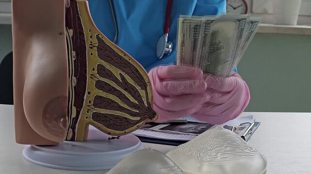 Plastic surgery procedure overview with breast model and implants in medical office during day