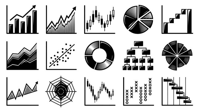 Monochrome Glyph Line Art Business and Finance Data Analysis Charts Graphs Icons Set