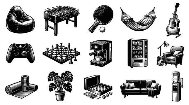 Black  White Engraving Style Icons Set: Home, Leisure  Recreation Objects Line Art Collection