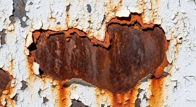 Weathered metal surface featuring layers of orange rust and decaying white paint peeling away to reveal a rugged, dark industrial texture, structure, peeling, distressed