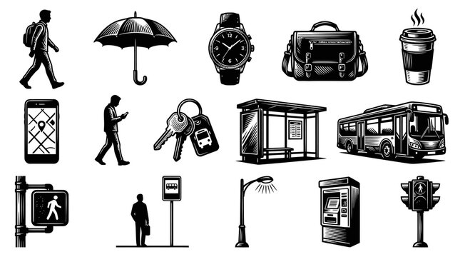 Black and White Line Art Icons: City Transit, Navigation, and Daily Commute Objects